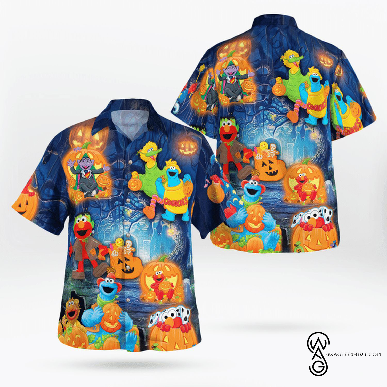 [Top Trending] In Sesame Street And Pumpkins Halloween Casual Beach Full Printing Hawaiian Shirt